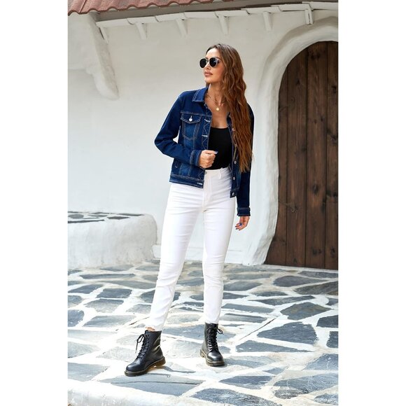 Women's Basic Long Sleeves Button Down Fitted Denim Jean Jacket Insignia Blue - Picture 5 of 7